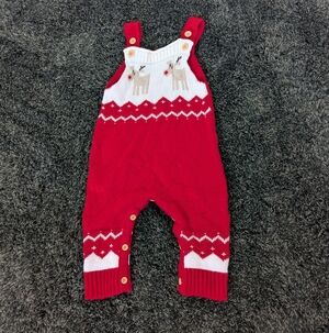 Red Knit Baby Overalls with Reindeer Design